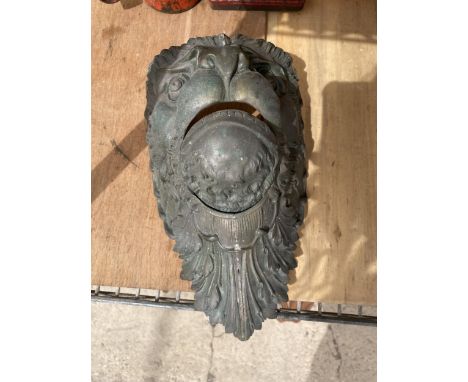 A VINTAGE BRASS LION HEAD MASK ITH OPENING MOUTH 