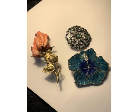 THREE BROOCHES TO INCUDE AN ENAMEL EXAMPLE 