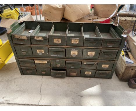 A VINTAGE INDUSTRIAL GREEN METAL EIGHTEEN DRAWER CABINET (LACKING TOP) 