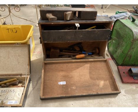 A VINTAGE WOODEN TOOL BOX, WOOD PLANE, TOOLS ETC 