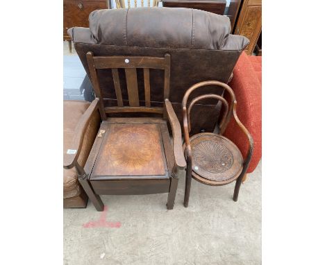 A BENTWOOD CHILDS ELBOW CHAIR AND BEECH COMMODE CHAIR 
