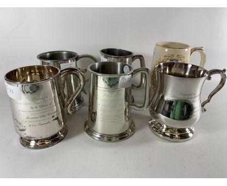 * A COLLECTION OF SIX PRESENTATION MUGS TO INCLUDE SILVER PLATED, THREE PEWTER AND CERAMIC EXAMPLES 