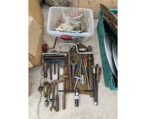 A GROUP OF VINTAGE TOOLS AND CEILING LIGHT 