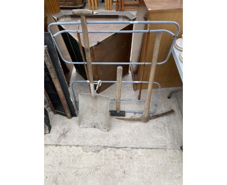 A GROUP OF VINTAGE ITEMS, SHOVEL, PICK, SLEDGEHAMMER AND RACK 