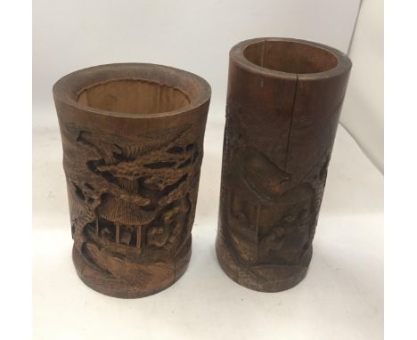 TWO VINTAGE ORIENTAL CARVED BAMBOO BRUSH POTS 