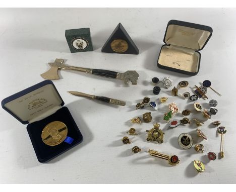* TWO BOYS BRIGADE MEDALS, UNIVERSITY OF SALFORD PAPERWEIGHTS, AXE AND KNIFE, COLLECTION OF ENAMEL BADGES ETC 