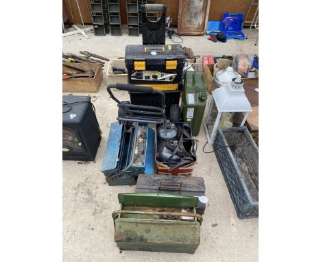 A COLLECTION OF VINTAGE TOOLS, PETROL CAN TOOL CHESTS ETC 