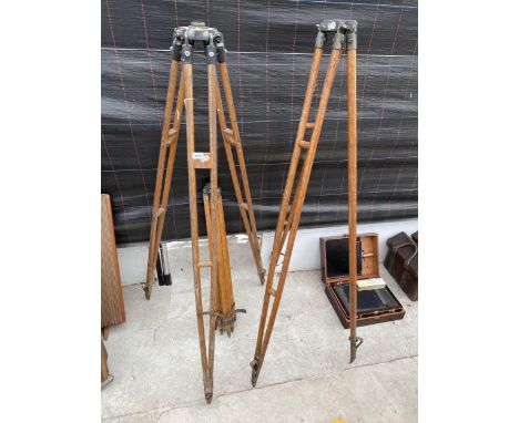 THREE LARGE VINTAGE WOODEN TRIPOD STANDS 