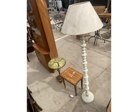 A MODERN STANDARD LAMP COMPLETE WITH SHADE, ITALIAN MUSICAL TABLE AND ONYX EFFECT WINE TABLE 