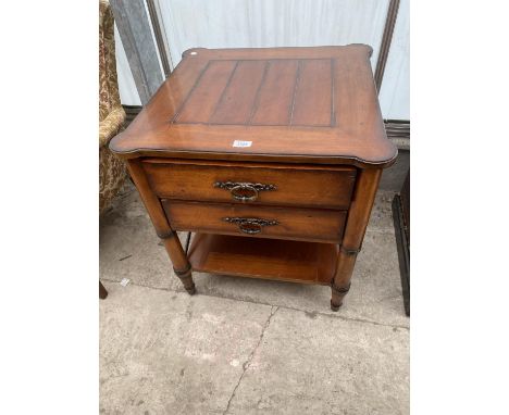 A MODERN HARDWOOD TWO TIER LAMP TABLE WITH TWO DRAWERS, 24" SQUARE 
