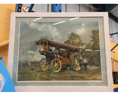 A FRAMED PRINT OF A TRACTION STEAM ENGINE SIGNED COULSON 