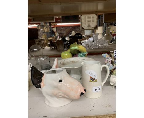 A MIXED LOT OF CERAMICS, NEMESIS NOW DOG, CERAMIC FRUIT ETC 