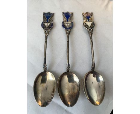 THREE HALLMARKED BIRMINGHAM SILVER SPOONS WITH ENAMEL FAIREY SPORTS AND RECREATION CLUB TOPS GROSS WEIGHT 37.84 GRAMS 