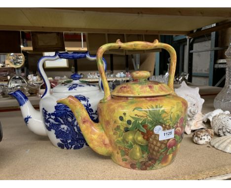 TWO VINTAGE CERAMIC KETTLES - ONE IRONSTONE BLUE AND WHITE, ONE FRUIT DESIGN 
