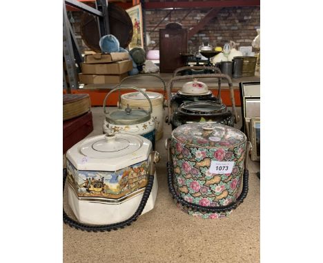 A GROUP OF SIX VINTAGE CERAMIC BISCUIT BARRELS 