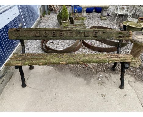 A VINTAGE MOBBERLEY STATION BENCH WITH CAST ENDS 