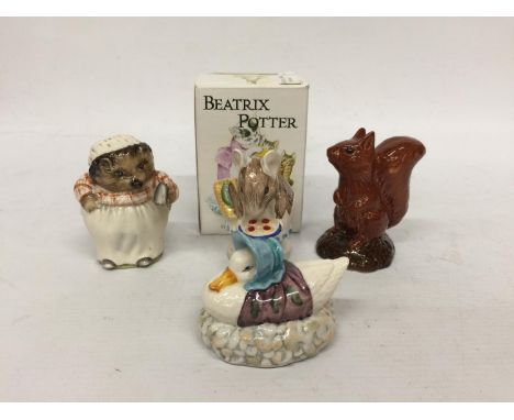 THREE BESWICK BEATRIX POTTER FIGURES, MRS TIGGY WINKLE, APPLEY DAPPLY, JEMIMA PUDDLEDUCK AND A BESWICK BERNEAGLES SCOTCH WHIS