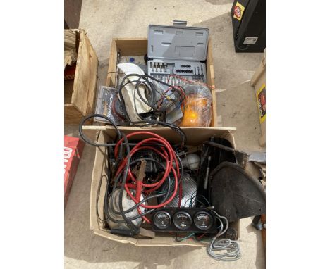 TWO BOXES OF TOOLS, STARTING CABLES, TRIPLE GAUGE, BOXED MULTI BIT SET ETC 