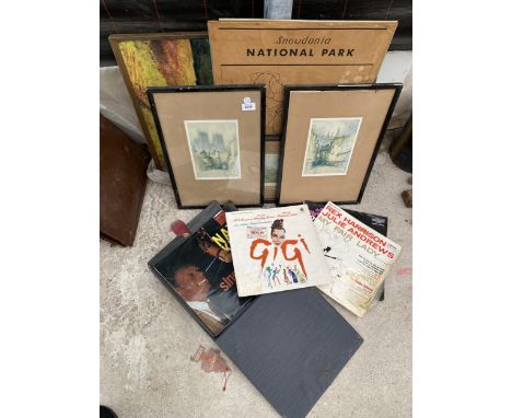 AN ASSORTMENT OF VINTAGE ITEMS TO INCLUDE PRINTS AND RECORDS 