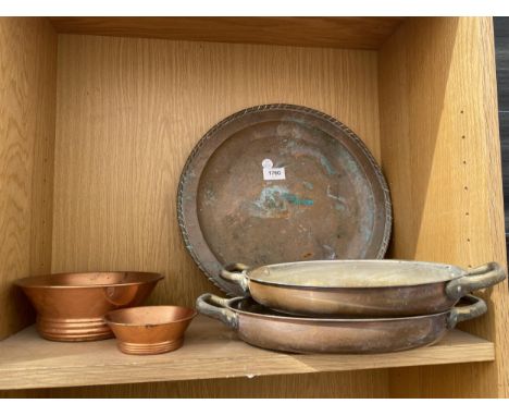A GROUP OF VINTAGE COPPER ITEMS, TWIN HANDLED BOWLS ETC 