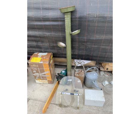 AN ASSORTMENT OF ITEMS TO INCLUDE A GALVANISED WATERING CAN AND A PETROL CHAINSAW ETC 