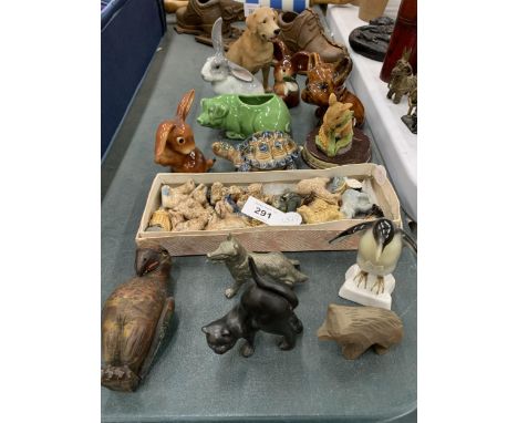 A COLLECTION OF CERAMIC ANIMAL FIGURES, WADE WHIMSIES ETC 