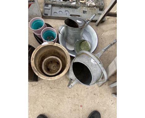 A MIXED LOT OF GARDEN POTS, VINTAGE WATERING CAN, ENAMEL BOWL ETC 
