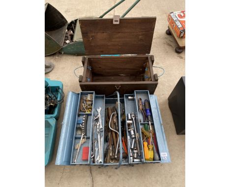 A METAL TOOL BOX AND TOOLS AND FURTHER WOODEN BOX 
