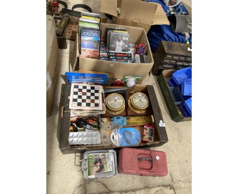 A LARGE MIXED LOT OF ASSORTED ITEMS, VIDEOS, SHIPS BAROMETER, RECORDS ETC 