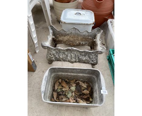 A VINTAGE DECORATIVE METAL PLANTER WITH LINER AND ENAMEL BREAD BIN 