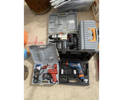 A GROUP OF CASED POWER TOOLS, CLARKE, PEUGEOT DRILL ETC 