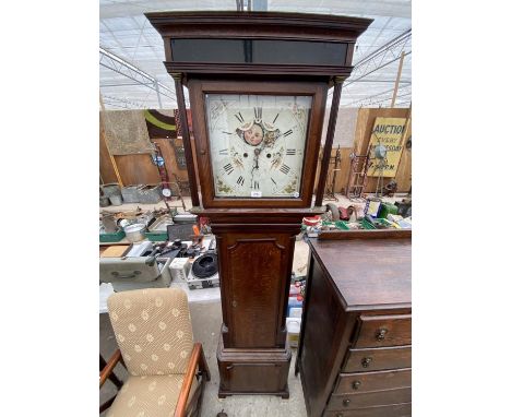 AN 18TH CENTURY OAK AND CROSSBANDED EIGHT DAY LONGCASE CLOCKW ITH ROLLING MOON ENAMEL DIAL, T.GASKELL, KNUTSFORD, N.B. ONLY O