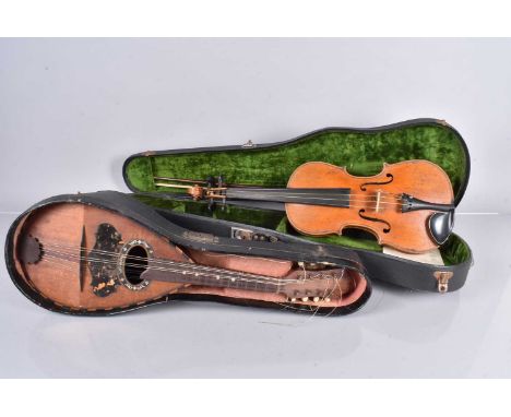 Mandolin / Violin, a Mandolin 8 string with lovely wood back - has a crack on front at base, spare strings and case (broken h