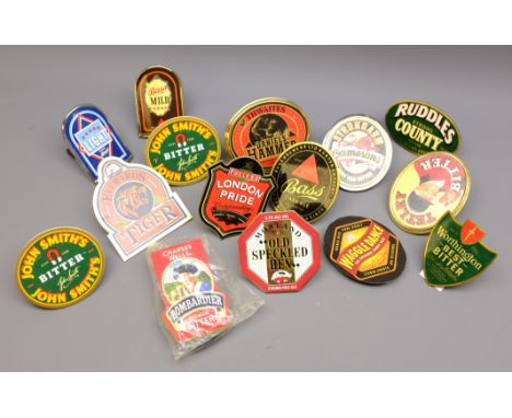 Collection of metal & other Beer pump labels, including Bass Cask, & Light, Moorland Old Speckled Hen, Everards Tiger, Charle