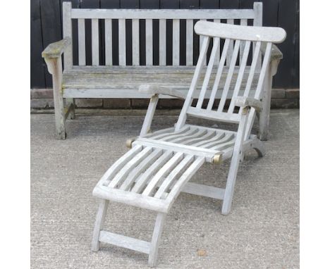 A teak garden bench, 160cm, together with a steamer chair