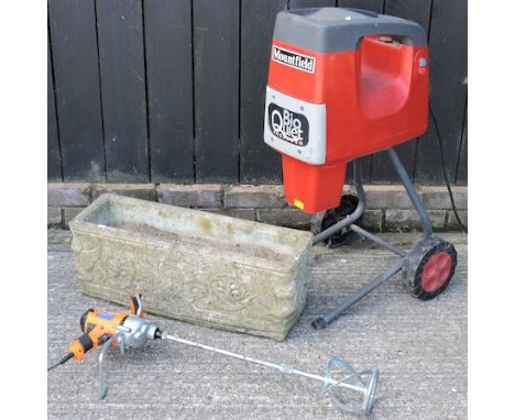 A reconstituted stone garden trough, 70cm, together with a Mountfield garden shredder and a Vitrex power cement mixer, boxed