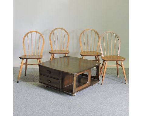 A set of four 1970's Ercol light elm dining chairs, together with an Ercol dark elm coffee table, 80 x 80cm