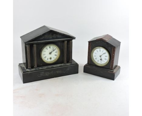 A Victorian black slate mantel clock, 29cm tall, together with another smaller