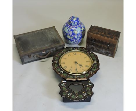 A 19th century French ebonised and inlaid drop dial wall clock, 66cm tall, together with a Chinese ginger jar and cover, a vi