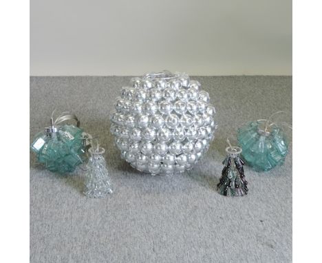 A chrome ball chandelier, 40cm diameter, together with a pair of blue bottle glass chandeliers, two glass light fittings, and