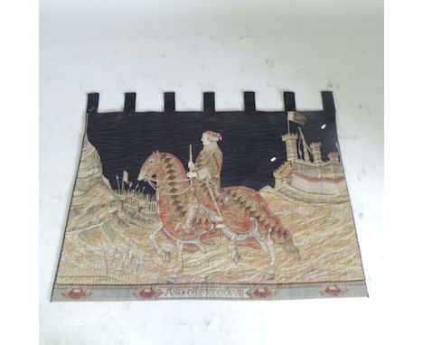 A tapestry of a figure on horseback, 108 x 133cm overall