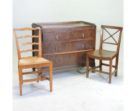A 1920's walnut chest of drawers, 104cm, together with a ladder back chair and another
