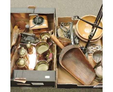 A collection of items to include treen, brass, scales, egg timers, copper lustre and sifters