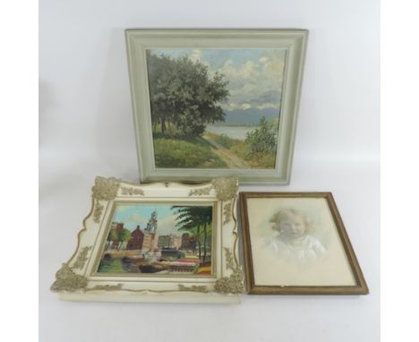 Dutch School, early 20th century, Amsterdam flower market, oil on board, 23 x 29cm, together with a portrait of a child and a