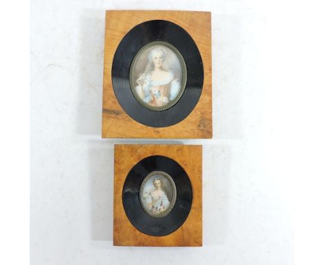 A reproduction portrait miniature, of a young girl, 9 x 6cm, together with another smaller