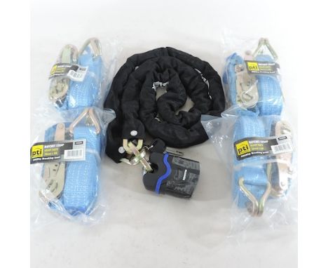 A heavy chain and lock, together with two 5 metre lorry straps