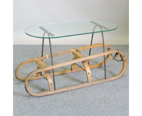 A vintage coffee table, made from a wooden sledge, 90cm