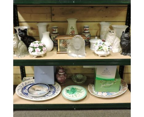 Two shelves of decorative china, to include a Royal Doulton model of a cat, 21cm high, Beswick and other cats, Kaiser vases a