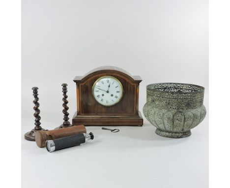 An Edwardian mantel clock, together with a pair of candlesticks, an Indian bowl and a telescope