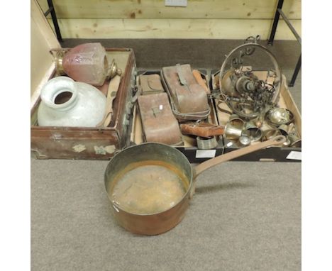 A vintage leather suitcase, together with various other leather cases and metalwares, to include a large copper saucepan